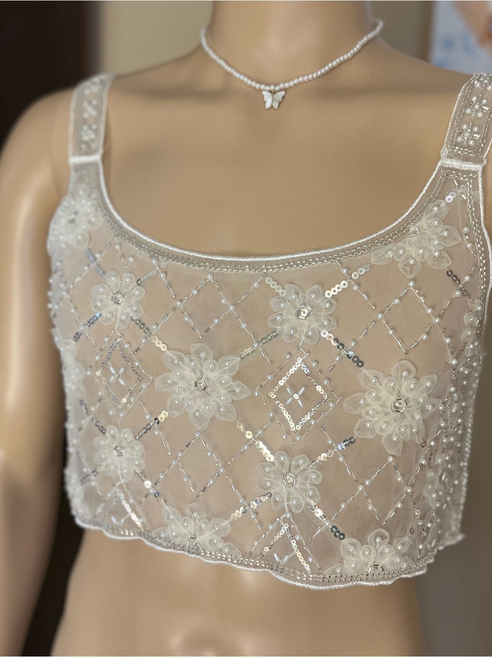 House of Harlow 1960 Embellished Crop Top + Butterfly Necklace Set